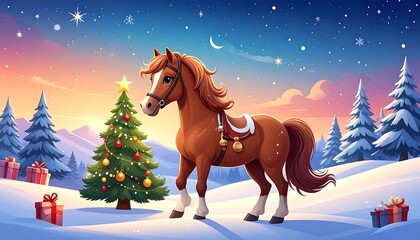 A horse stands beside a Christmas tree in a snowy landscape at dawn