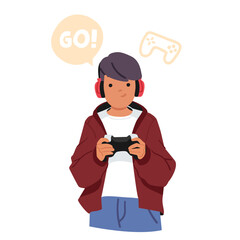 Cartoon portrait of happy teenage boy wearing headphones playing video games using gamepad