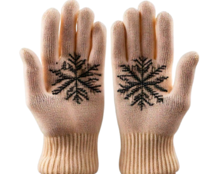 Warm Winter Knitted Gloves in Cream with Black Snowflake Motif, Isolated on a Transparent Background”