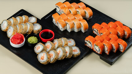 Sushi roll set on tray top view