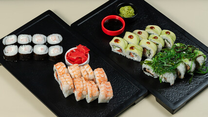 Sushi roll set on tray top view