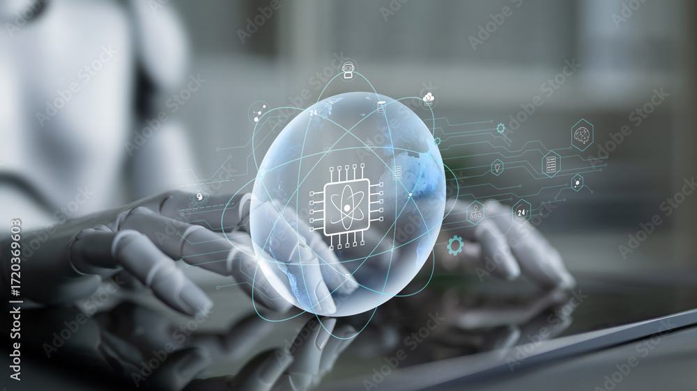 Poster ai on a global quantum computing network, the future of communication and data processing. a worldwi