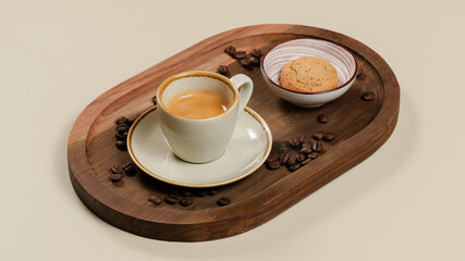 Coffee cup on wooden tray, coffee beans