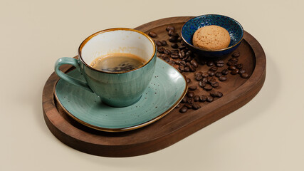 Coffee cup on wooden tray, coffee beans