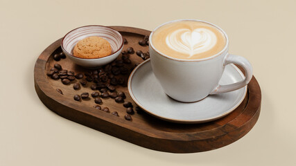 Coffee cup on wooden tray, coffee beans