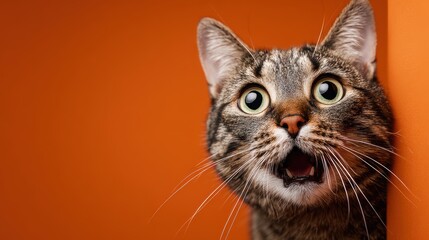 Fototapeta premium Surprised tabby cat with open mouth and wide eyes emerges against a bold orange backdrop