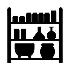 Vector art of silhouette of a shelf with various jars and containers, commonly used for storage and organization