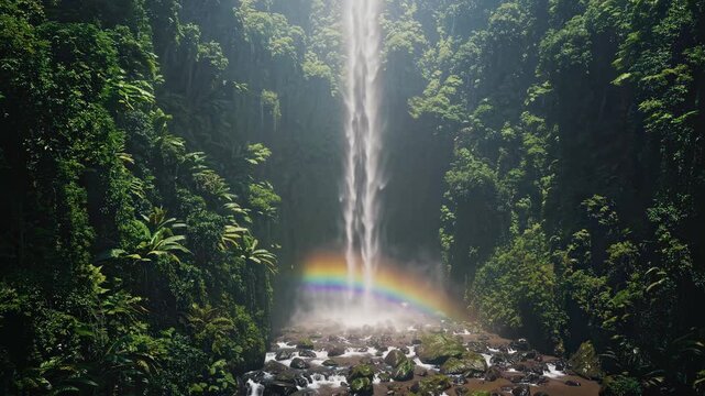 Tall waterfall flowing through tropical forest with rainbow conveys hope growth transformation possibility inspiring personal and environmental renewal and stories