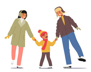 Happy parents and son cartoon characters ice-skating enjoying seasonal fun isolated on white