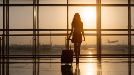 Silhouette of a woman with a suitcase waiting at the airport terminal at sunset