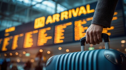 Close-up of a person holding a suitcase in front of an illuminated arrival information board at an airport