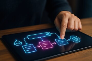 Innovative workflow automation process office setting digital interface technology environment close-up view conceptual visualization for enhanced productivity