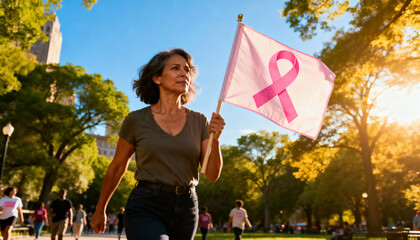 Woman walking with breast cancer awareness flag in park on sunny day with people in the background