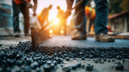 Construction workers laying asphalt on a road at sunset, capturing the process of road building with a focus on workers' legs and machinery