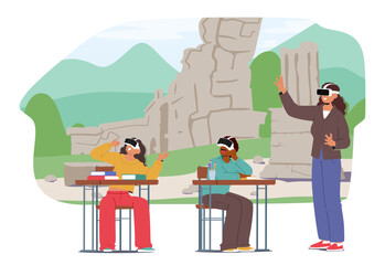 Naklejka premium Ancient history teacher teaching students using virtual reality glasses and interactive cyberspace