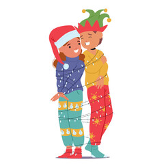 Happy boy and girl cartoon character wrapped in glowing Christmas lights garlands isolated on white
