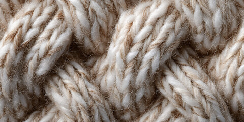 Soft beige wool yarn strands interlaced in thick knitted pattern forming cozy textile background closeup - AI generated