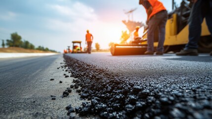 Construction workers paving a road during sunset, with machinery and fresh asphalt, highlighting infrastructure development and teamwork in outdoor environment