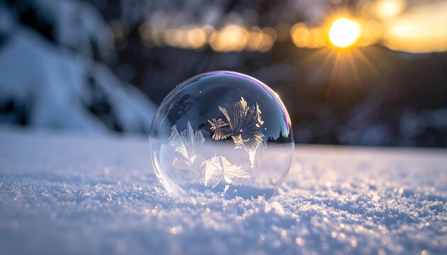 Frozen soap bubble in winter outdoors with snowy winter landscape