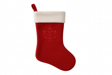 Red christmas stocking with embroidered snowflake design, a festive holiday decoration with transparent background