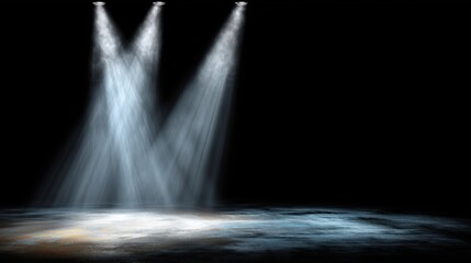 Three bright spotlights shining down on an empty stage