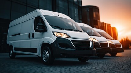 Fleet of white delivery vans parked outdoors during sunset