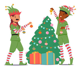 Cute Christmas elves cartoon children characters decorating fir tree with festive balls ornaments