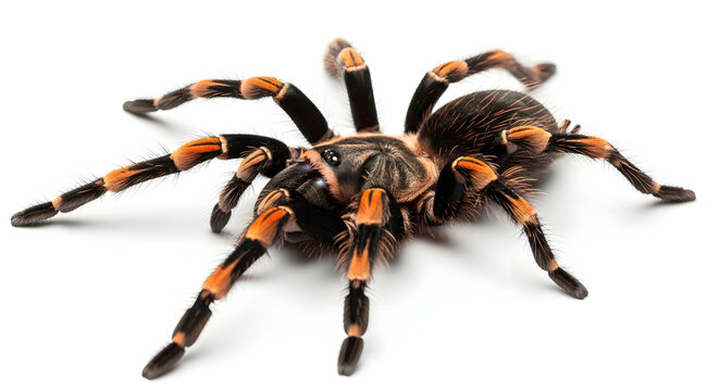 Isolated tarantula, a hairy brown arachnid, on a white background