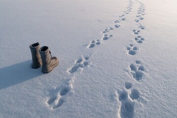 Standing beside animal tracks in the fresh winter snow, boots symbolize adventure and discovery, set against a peaceful winter landscape that showcases the beauty and calm of nature's cold, snowy