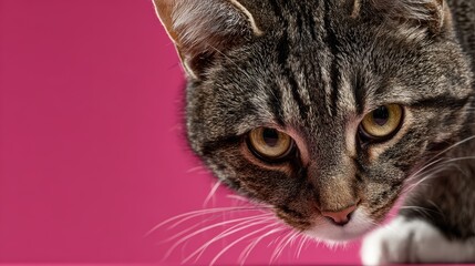 Intense closeup of a tabby cat with mesmerizing amber eyes against a vibrant pink background captures feline grace and curiosity