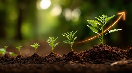 small plant growing with an glowing arrow pointing upward, symbolizing growth, success, and development in business or personal progress