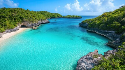 A stunning tropical beach scene featuring clear turquoise waters and lush greenery lining the shore, under a bright blue sky with soft clouds.