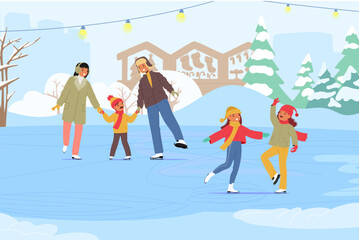 Winter ice skating in urban park cartoon scene with happy family and children wearing warm clothes