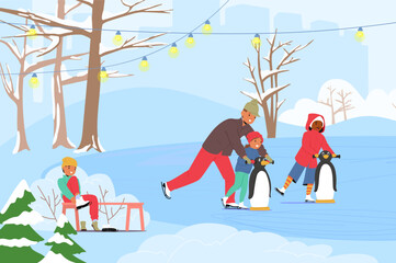 Happy family ice skating rejoicing winter sport activity and Christmas holiday vacation enjoyment