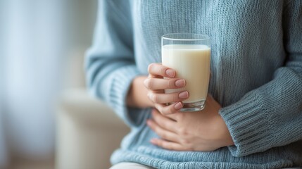 Woman in a sweater clutching a glass of milk, showing signs of abdominal discomfort, highlighting digestive issues or intolerance