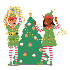 Cute boy and girl Christmas elves cartoon characters decorating Christmas tree for holidays