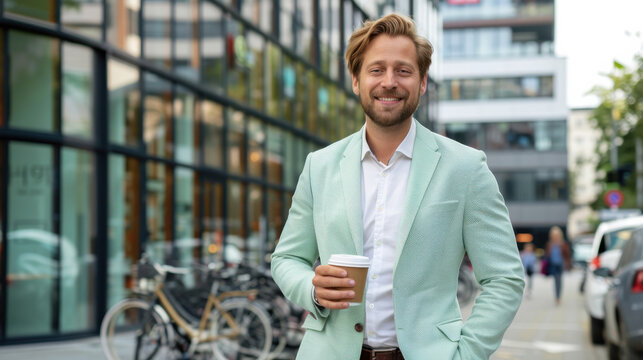 A confident young man stands with a coffee cup in a stylish outfit, showcasing modern urban life and the essence of professional elegance in a vibrant city atmosphere.