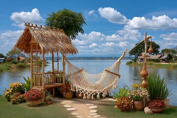 Traditional thatch houses by serene riverbank high resolution picture