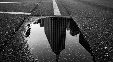 Dramatic monochrome reflection of city buildings in rain puddle on street asphalt