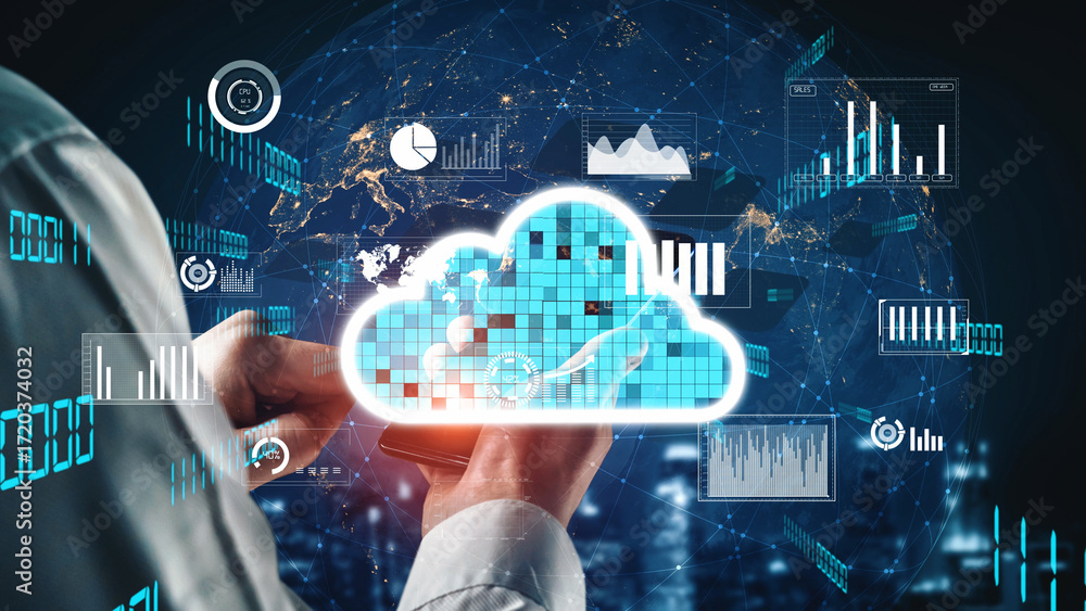 Poster a professional man interacting with cloud technology displayed on a smartphone, surrounded by data v