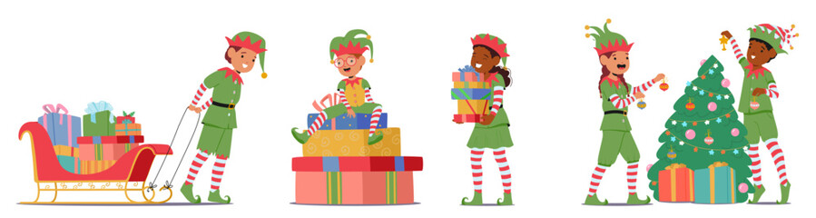 Christmas elves cartoon characters decorating spruce tree, carrying gift boxes isolated set