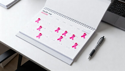 A calendar marked with pink ribbons on a white desk next to a laptop and pen in a bright office space