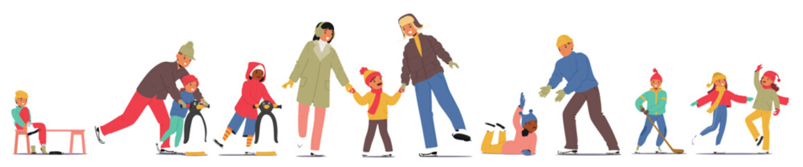 Set of adults and children cartoon character wearing warm clothes and skates enjoying ice skating