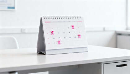 A desk calendar with pink ribbons marking dates on a white desk in a bright office setting indoors