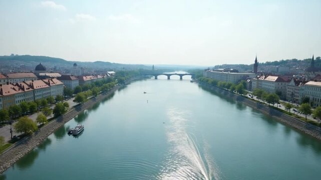 Wide view of the Danube River flowing through Bratislava, capturing calm water movement, urban scenery, and natural atmosphere around the capital