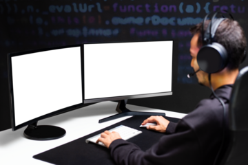 Web developer writing source code png computer screen mockup
