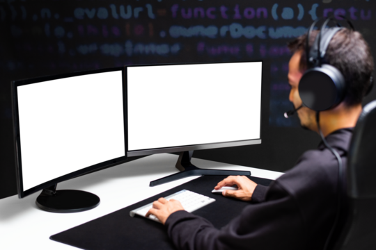 Web developer writing source code png computer screen mockup
