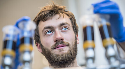 A scientist examines samples in a laboratory setting, wearing protective gloves and handling test tubes.