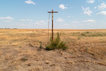Utility pole standing in dry farmland high resolution picture