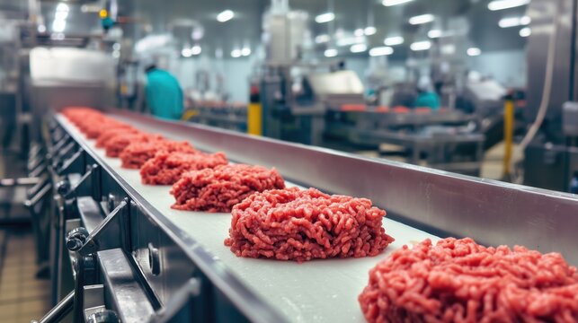 Fresh ground meat on conveyor belt in processing plant - Powered by Adobe